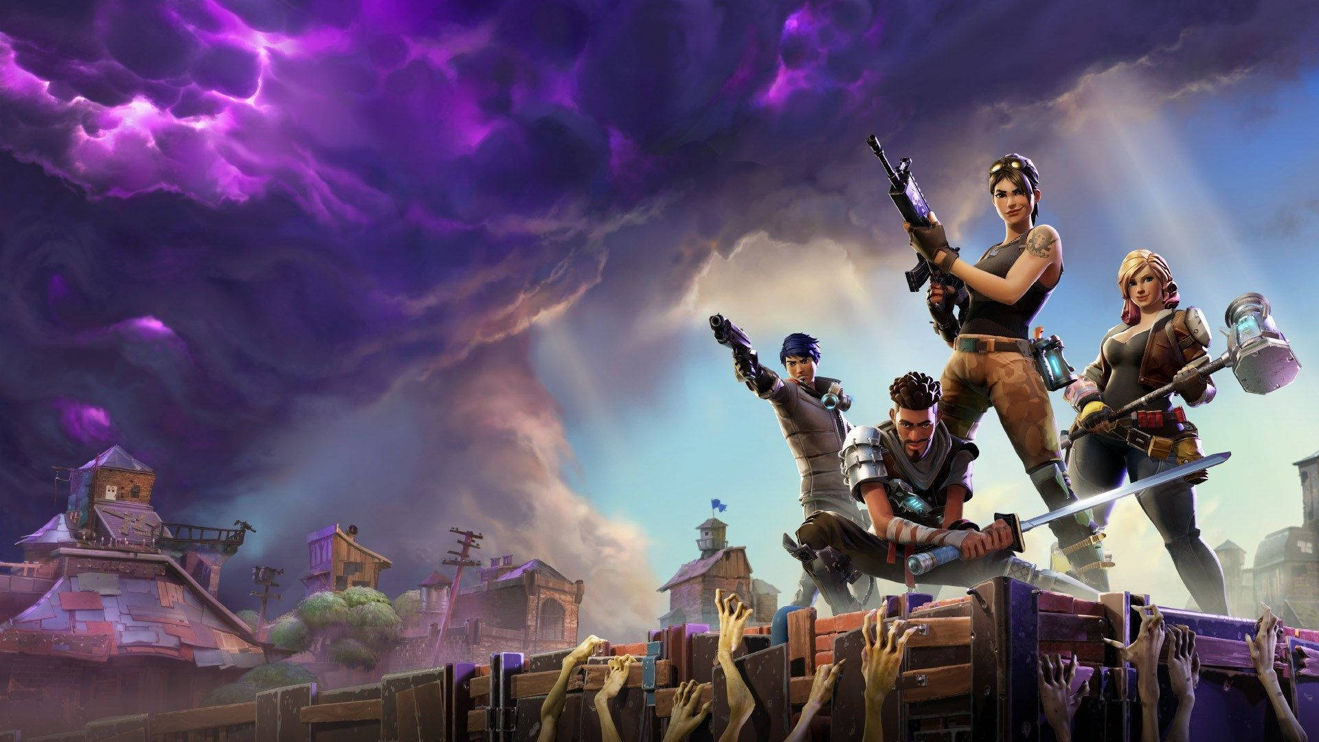 1080 Fortnite Characters Zombies Purple Clouds Background