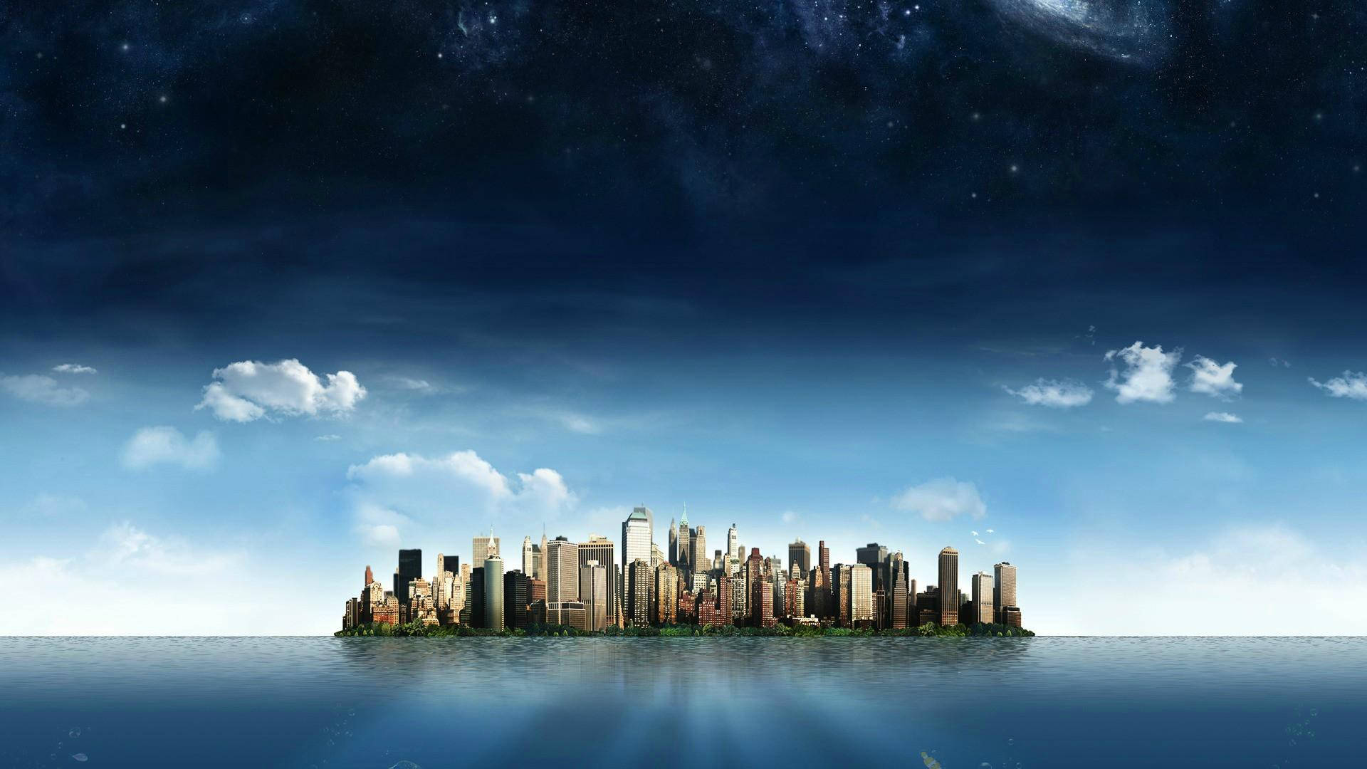 1080p Hd City On Island Under Sky Background