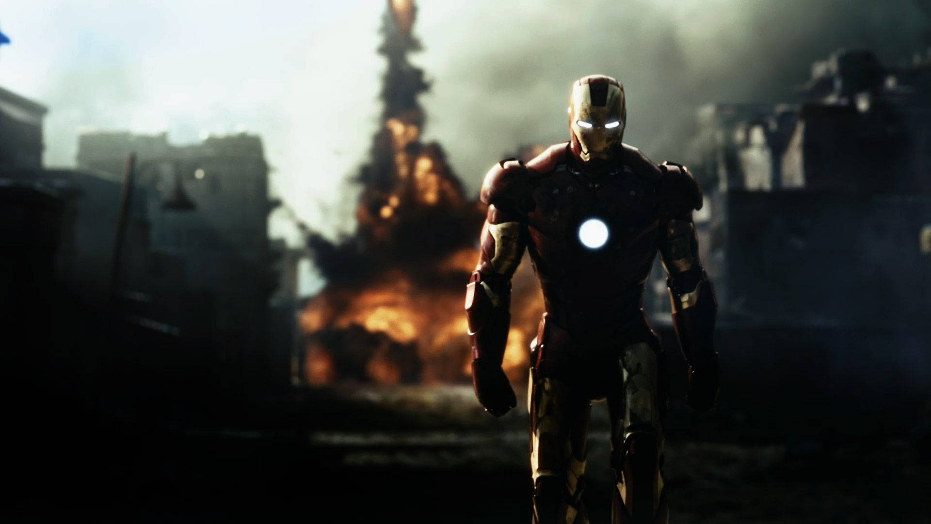 1080p Hd Iron Man Walking Away From Explosion Background