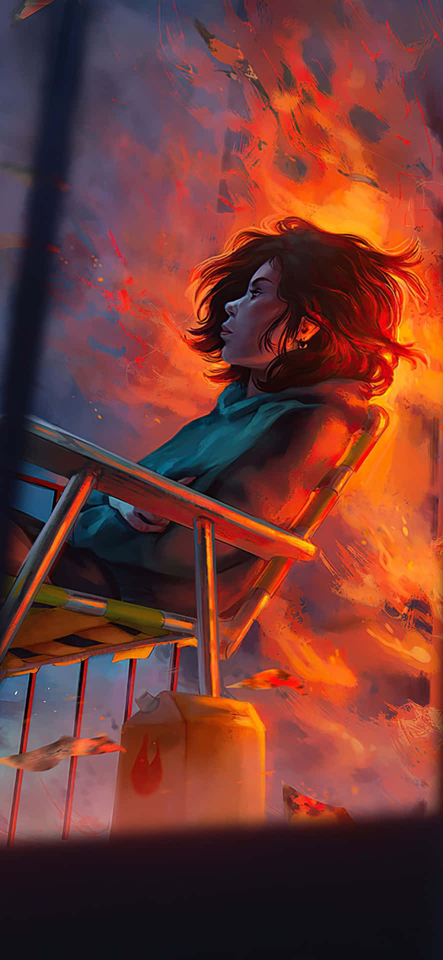 1080x2340 4k Anime Girl Chair On Fire Background