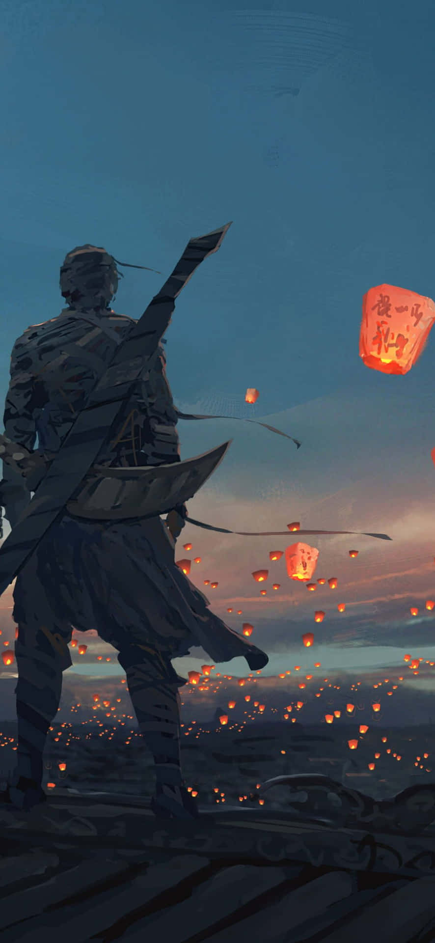 1080x2340 4k Anime Warrior Sky Lantern Background