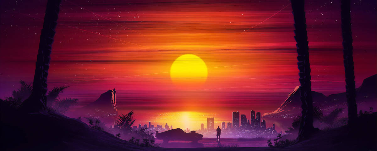 1200x480 Sunset Sky Over Purple City Background