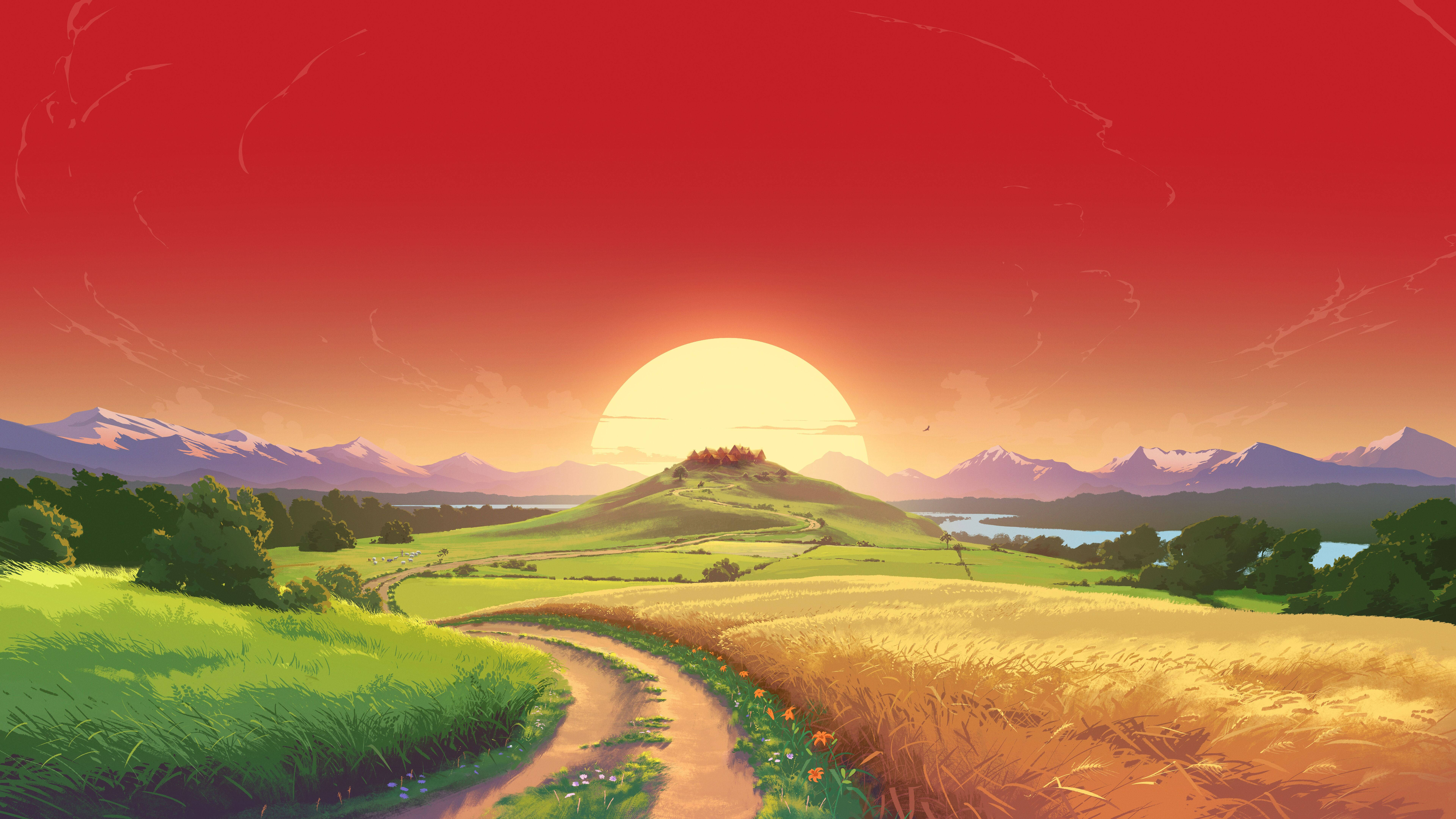 12k Field And Sunset Background