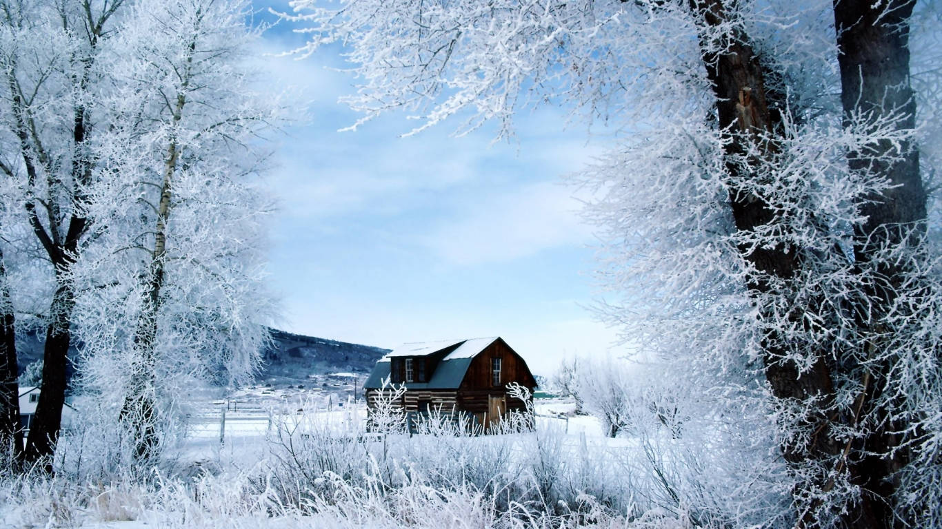 1366 X 768 Winter Cabin In Forest Background