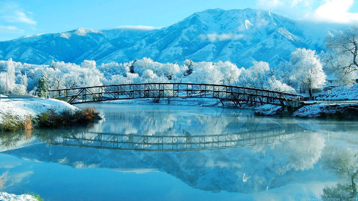 1366 X 768 Winter Forest By Lake Bridge Background