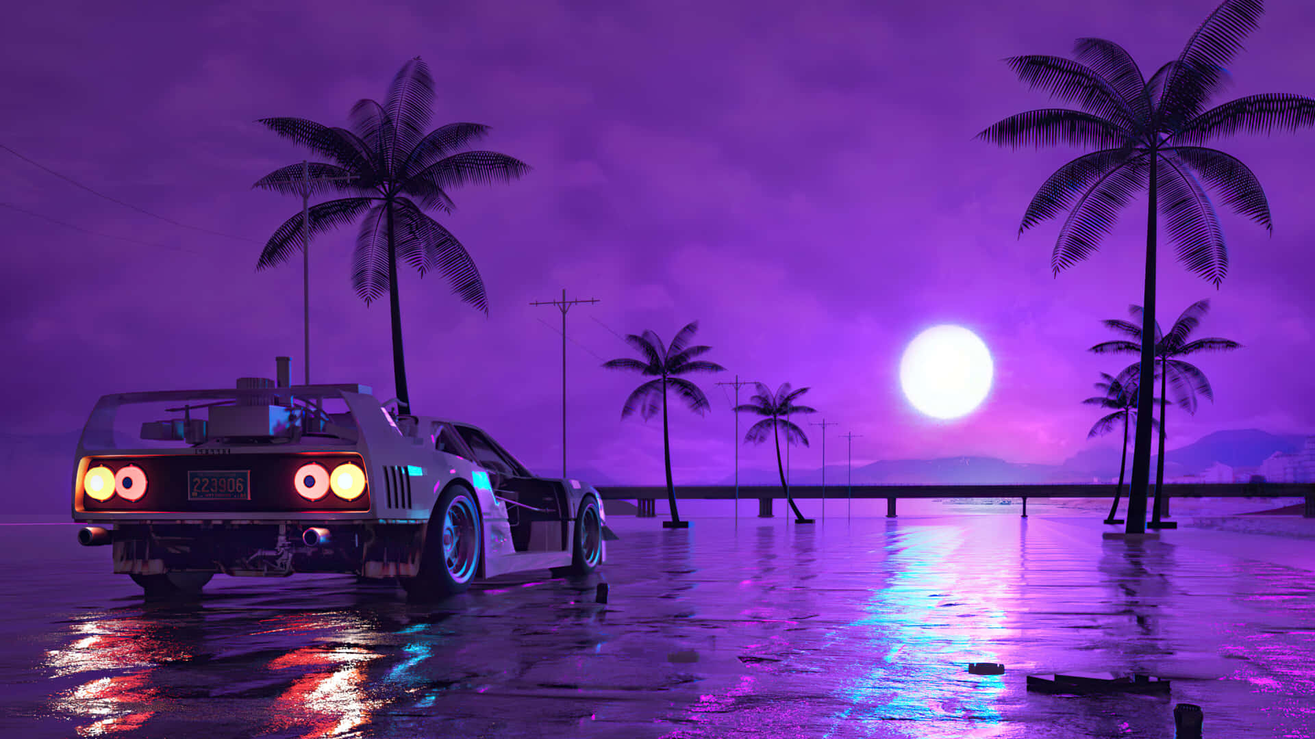 1440p Car Retrowave Purple Night Background