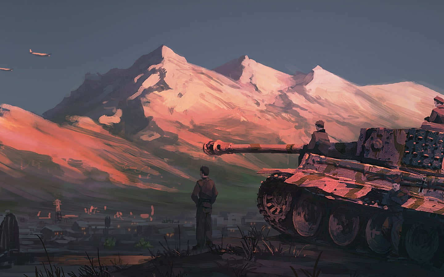 1440x900 Tanks Digital Painting With Mountain Background