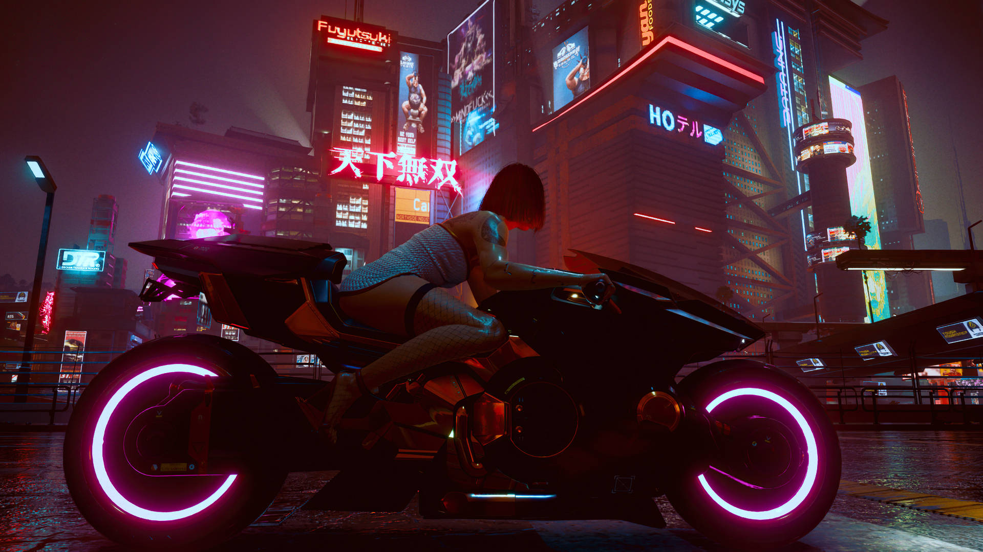 1920 X 1080 Gaming Cyberpunk Woman On Motorcycle Background