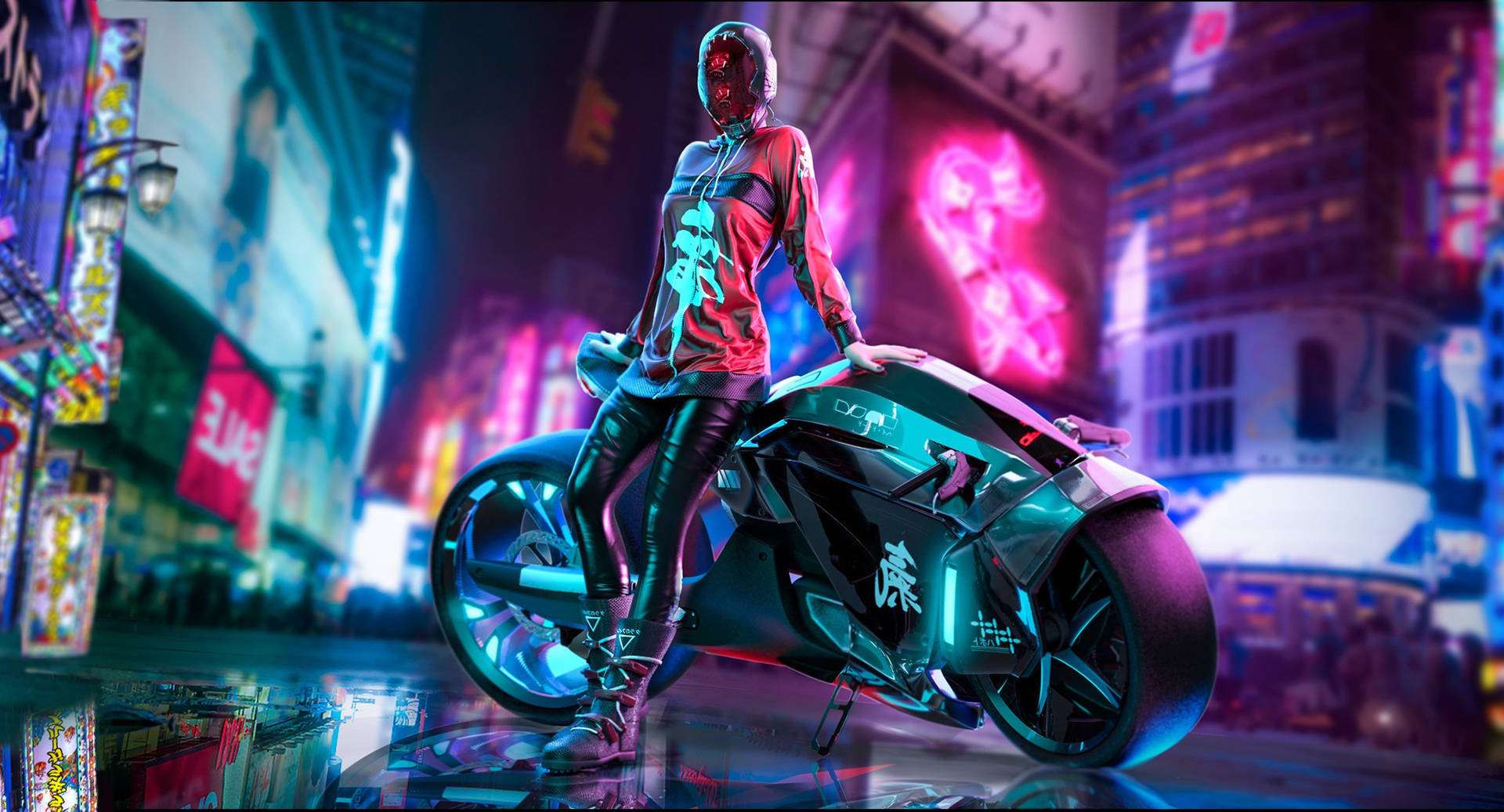 1920 X 1080 Gaming Cyberpunk Woman With Motorcycle