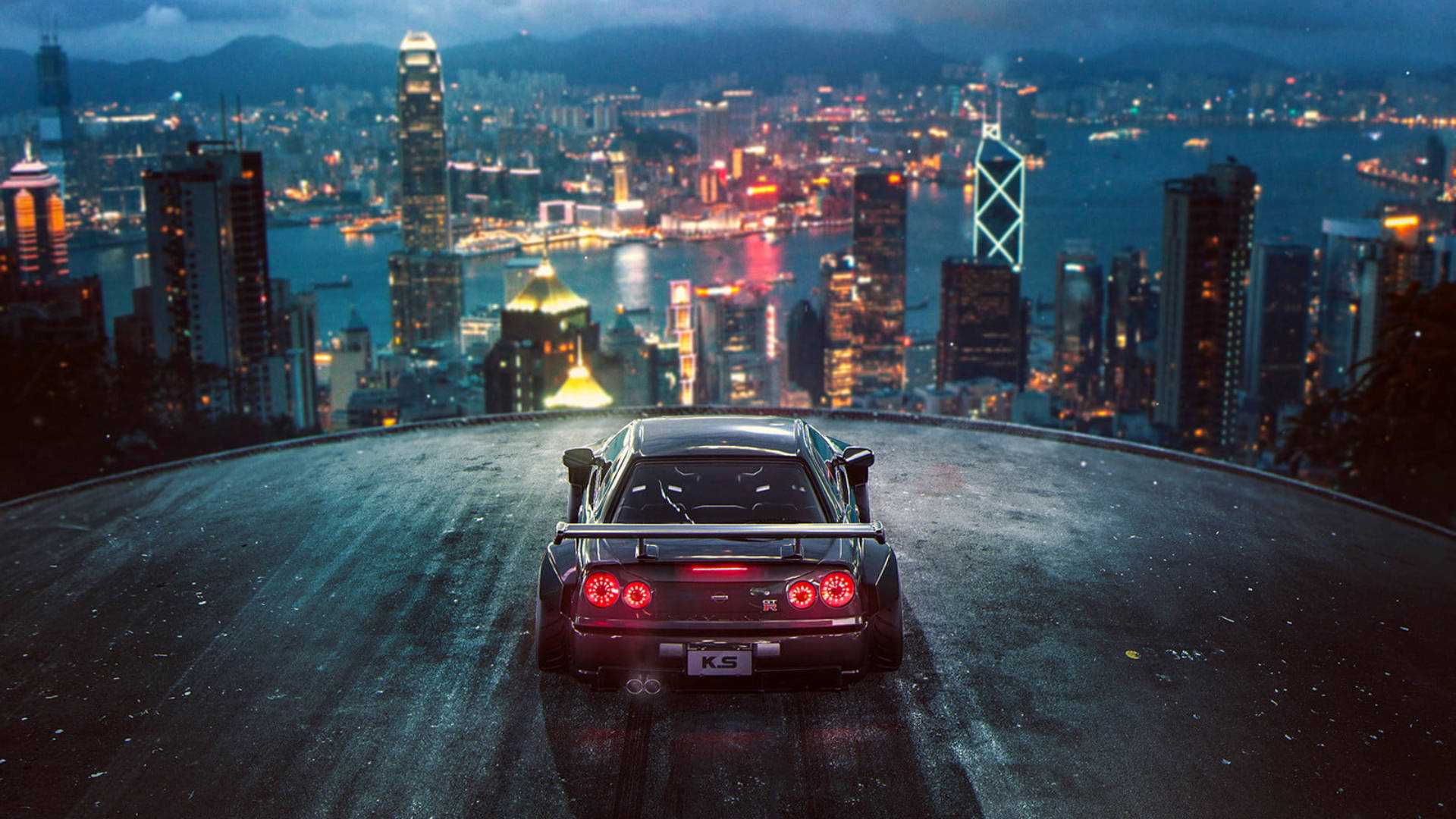 1920 X 1080 Night City Black Sports Car Background