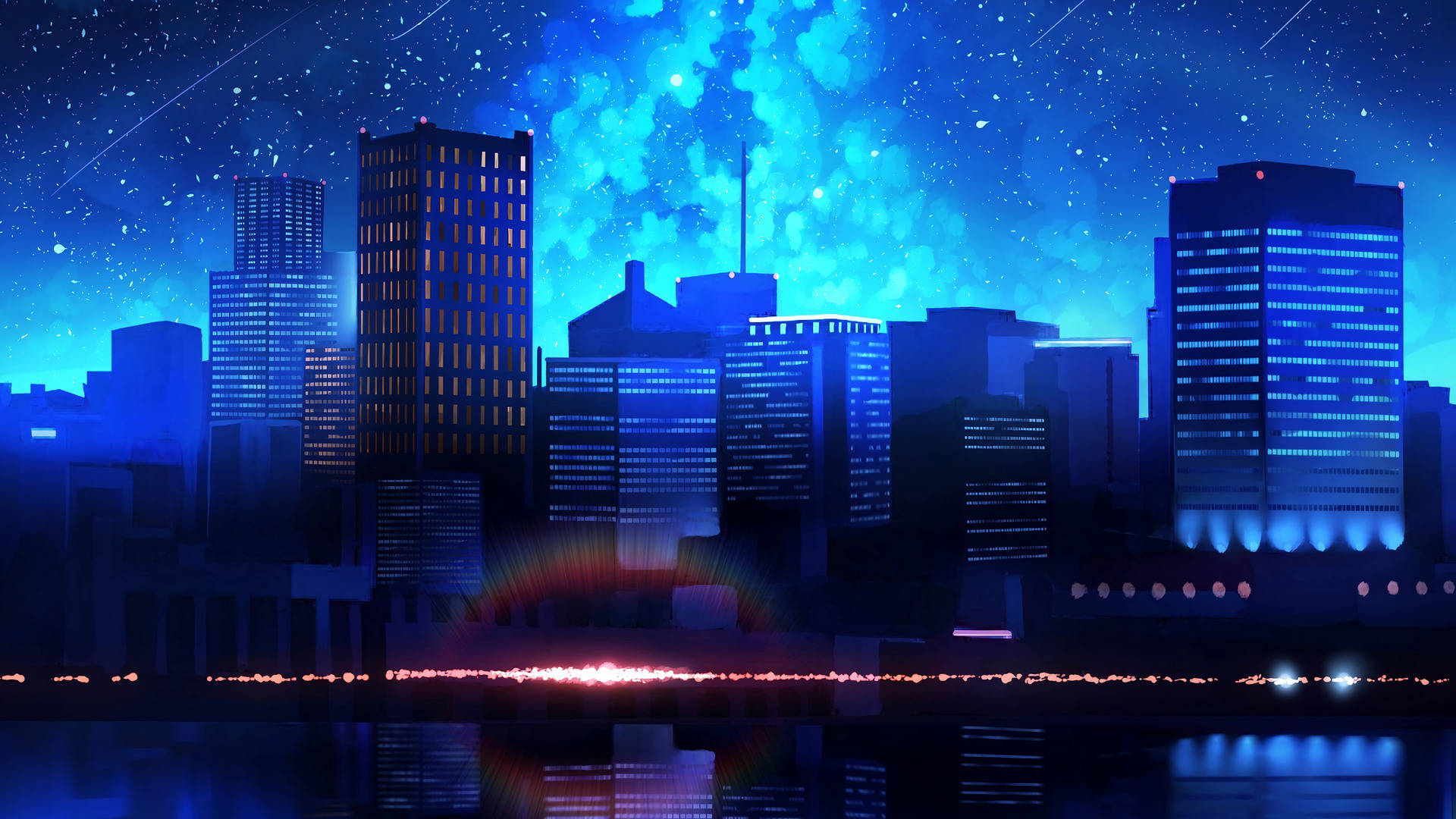 1920 X 1080 Night City Blue Clouds Background