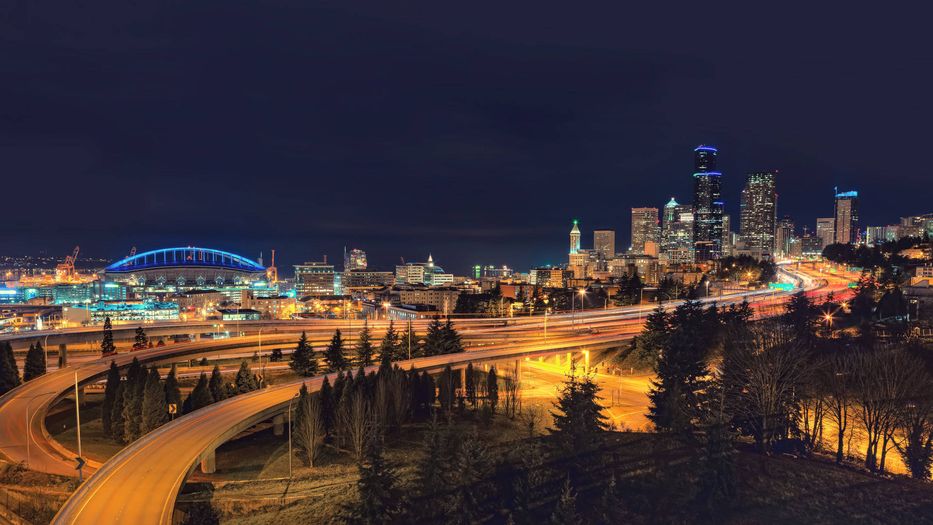 1920 X 1080 Night City Seattle Skyline Background