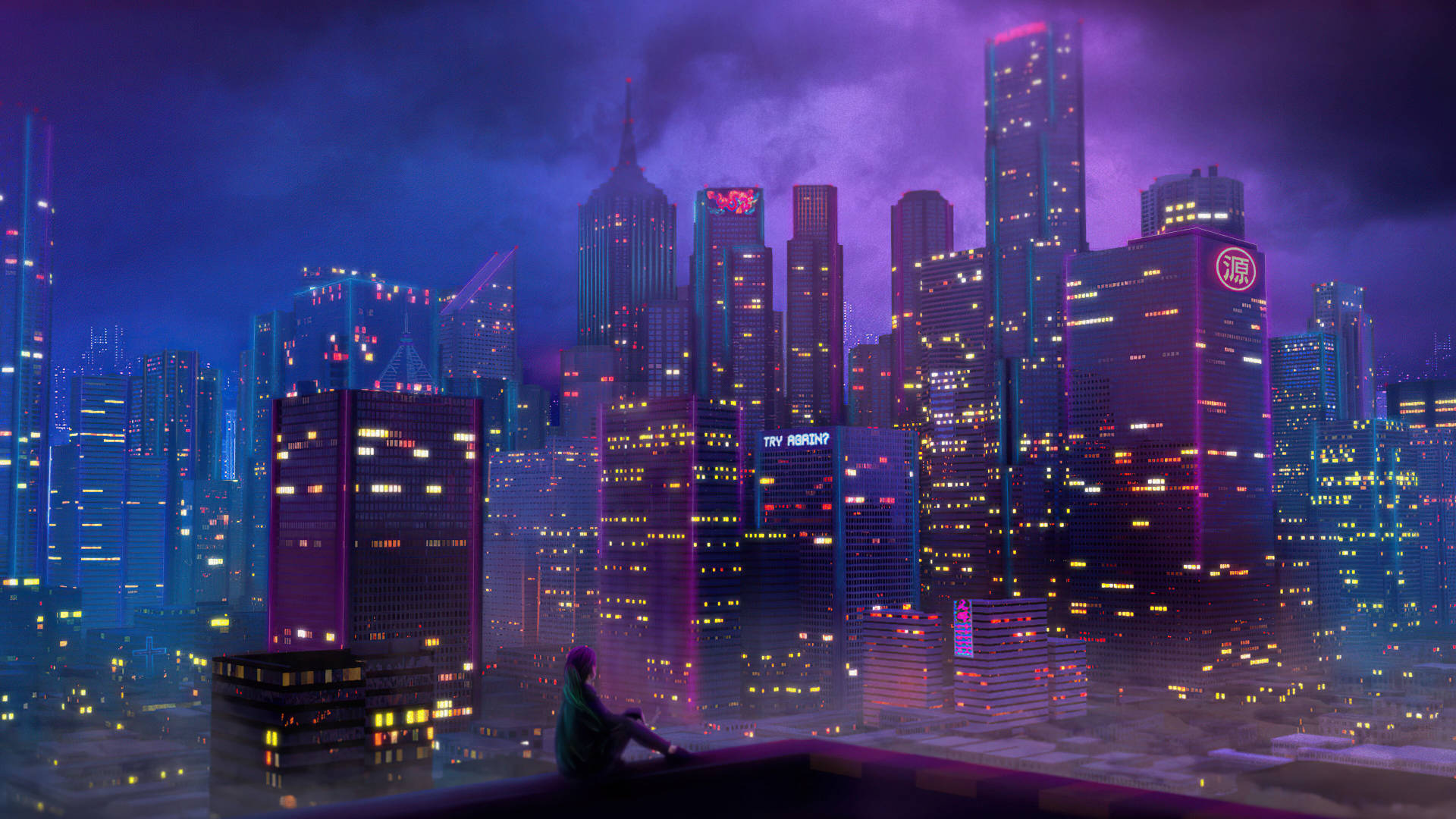 1920 X 1080 Night City Woman On Rooftop Background