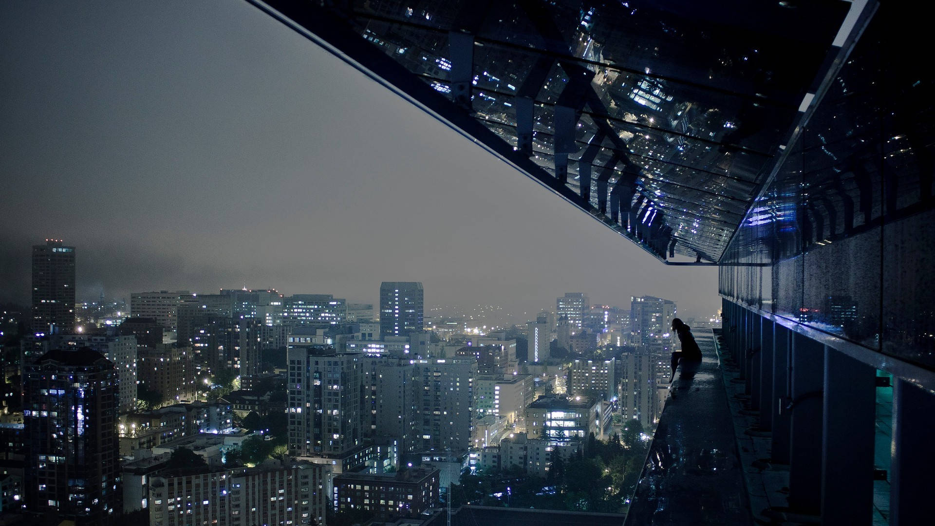 1920 X 1080 Night City Woman Sitting On A Building Edge Background