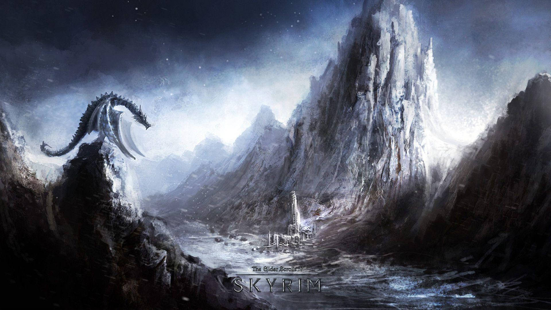 1920 X 1080 Skyrim Dragon At Mountain Background