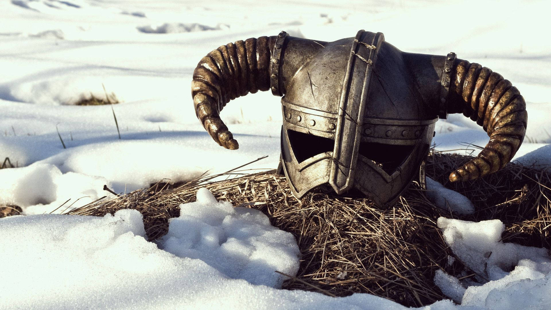 1920 X 1080 Skyrim Iron Helmet On Snow Background