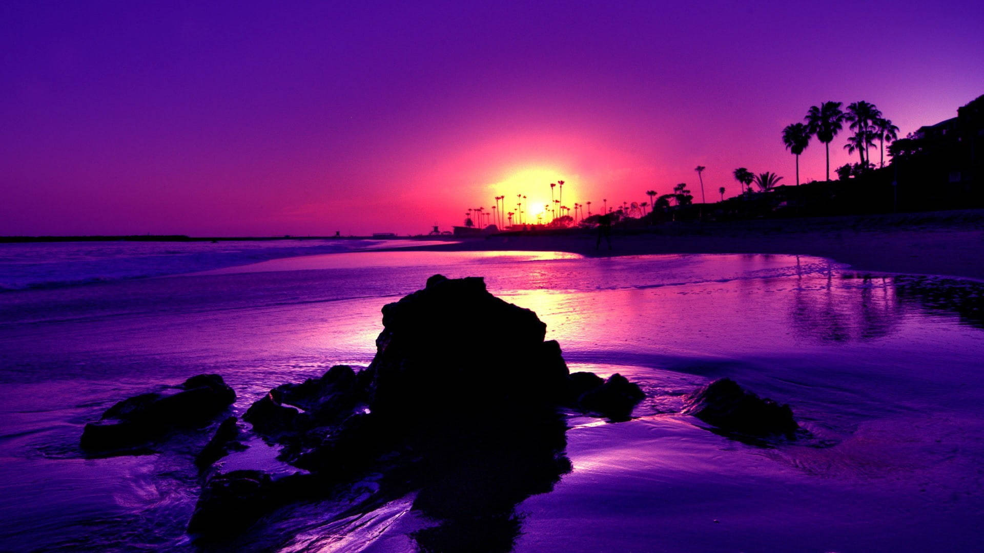1920x1080 4k Purple Sunset At Beach Background