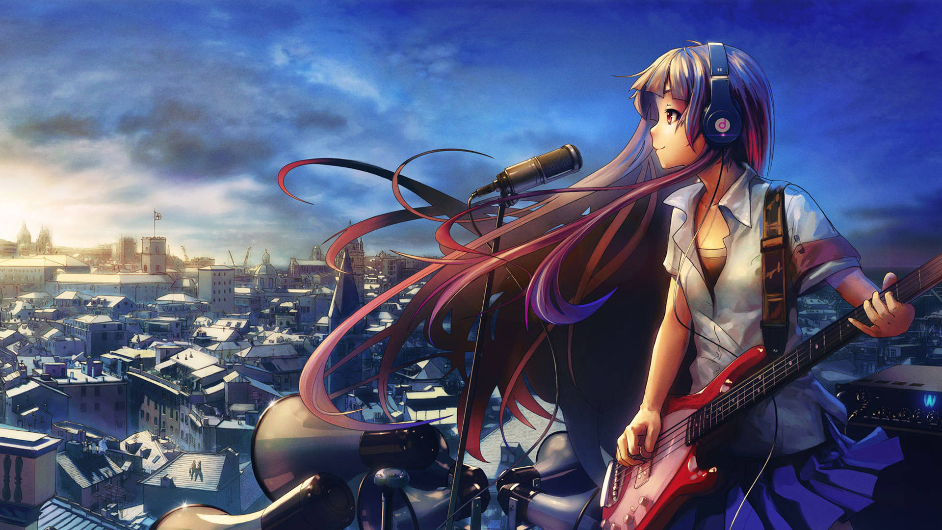 1920x1080 Full Hd Anime Girl Playing Guitar On Rooftop Background