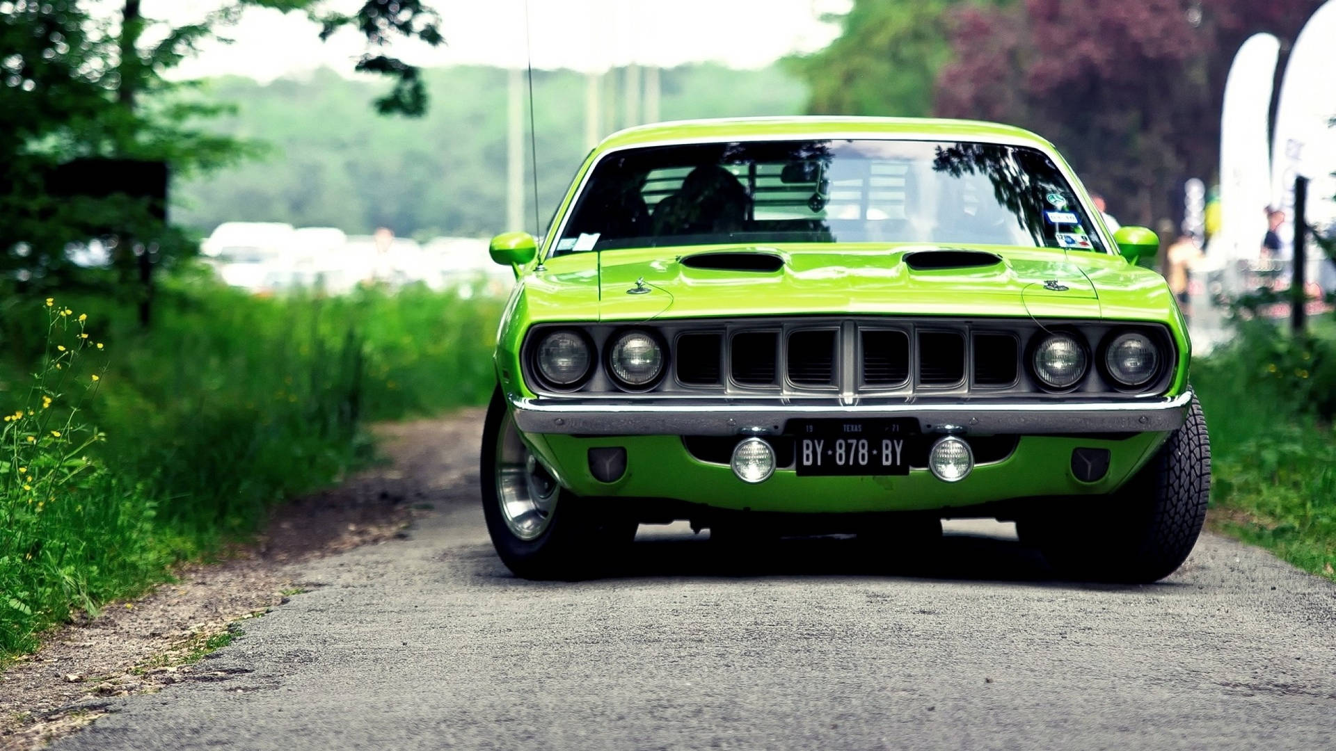 1971 Lime Green Plymouth Barracuda Front View Background