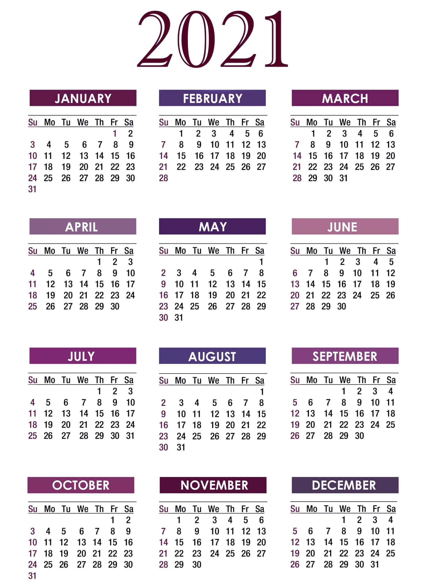 2021 Calendar With Purple And White Dates Background