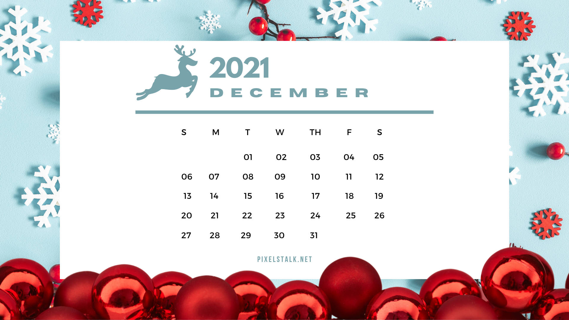 2021 December Calendar With Red Snowflakes And Snowflakes Background