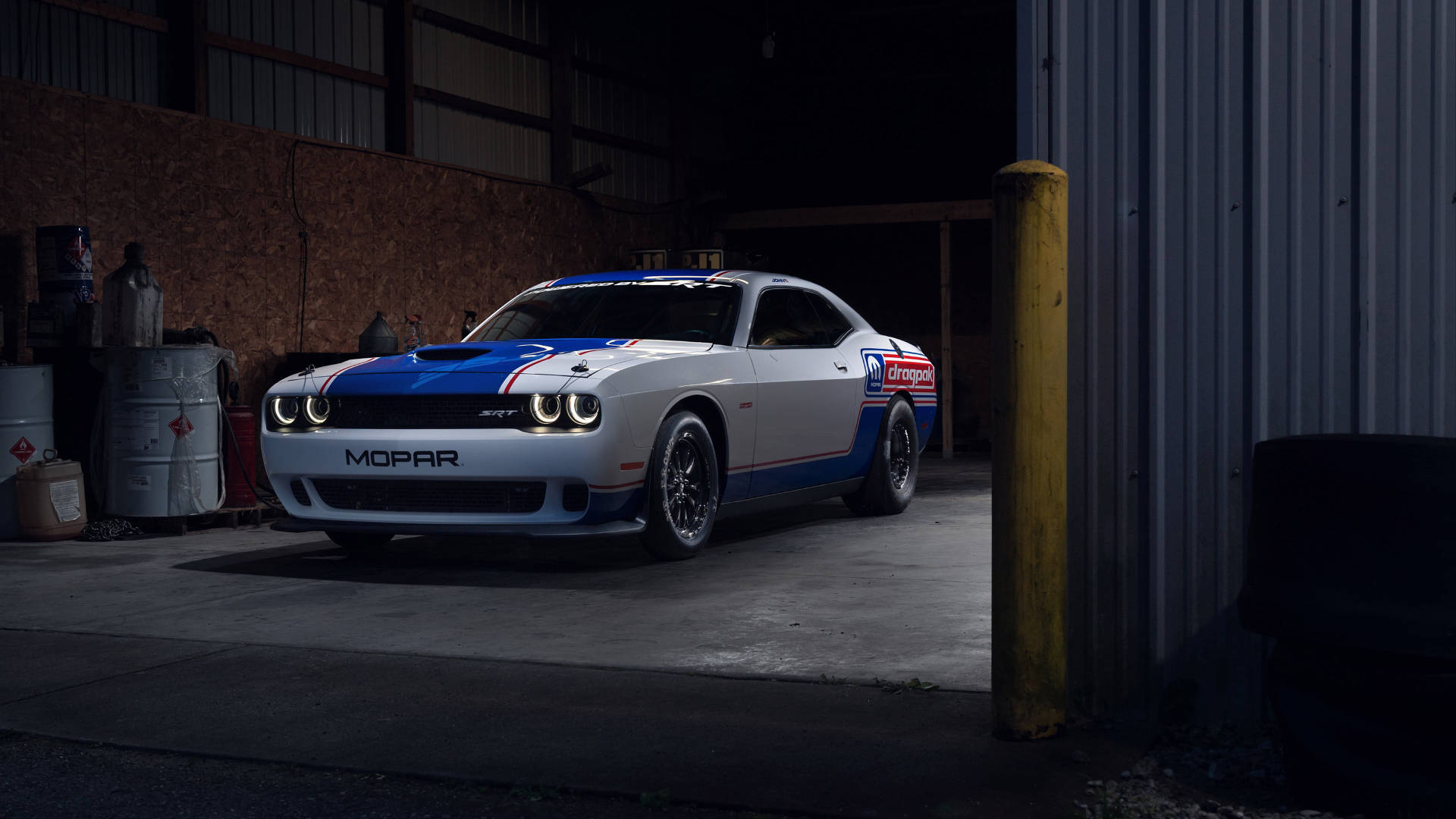 2021 White And Blue Dodge Challenger Background