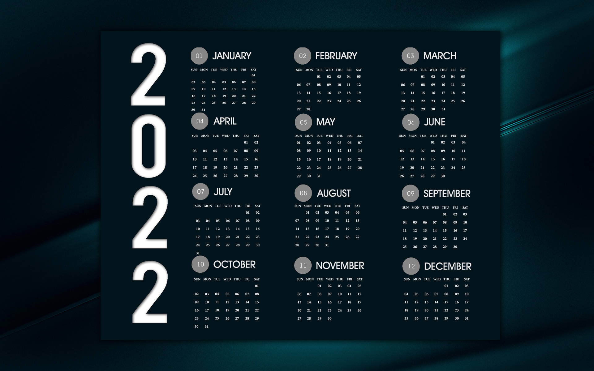 2022 Calendar In Emerald Green Background