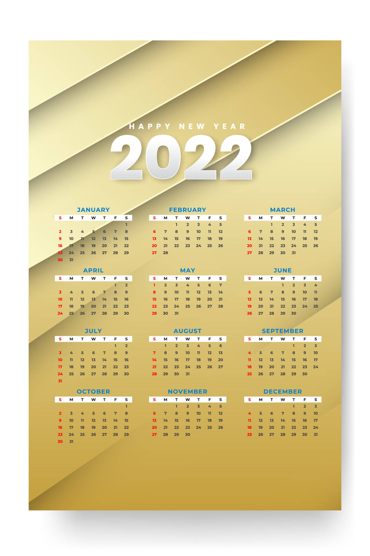 2022 Calendar In Gold Background