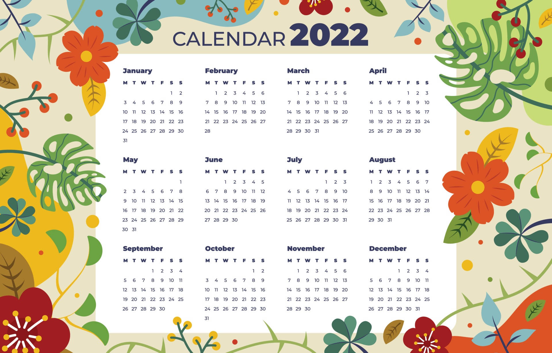 2022 Calendar With Plants Background
