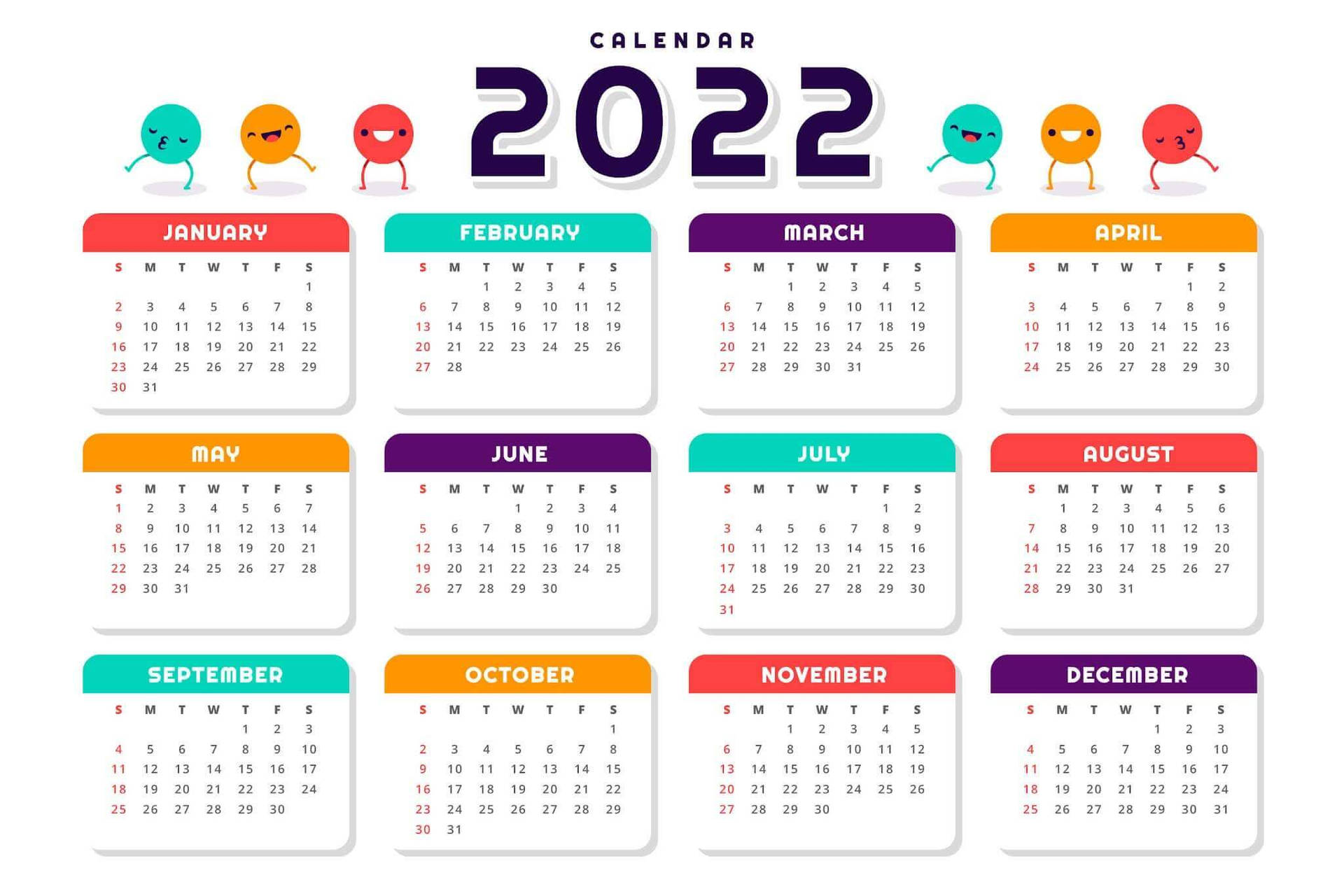 2022 Calendar With Smileys Background