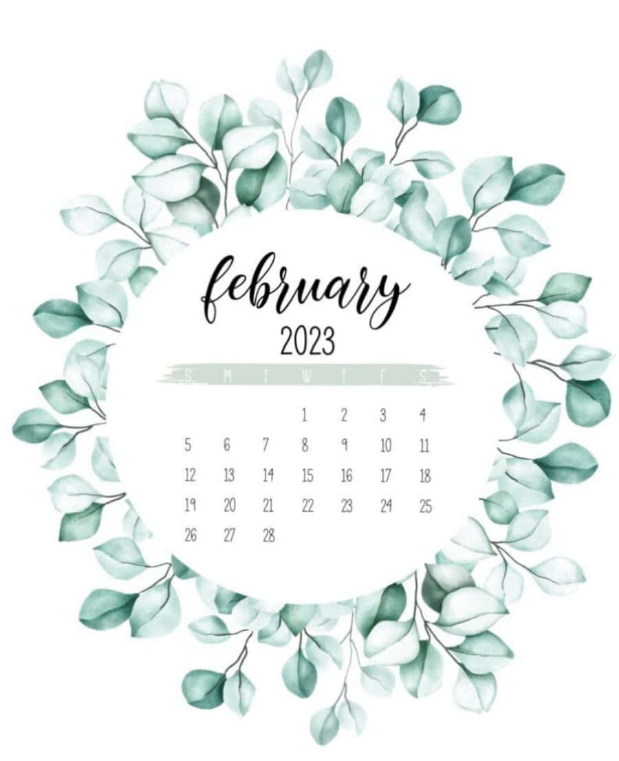2023 February Calendar Leaf Wreath Background