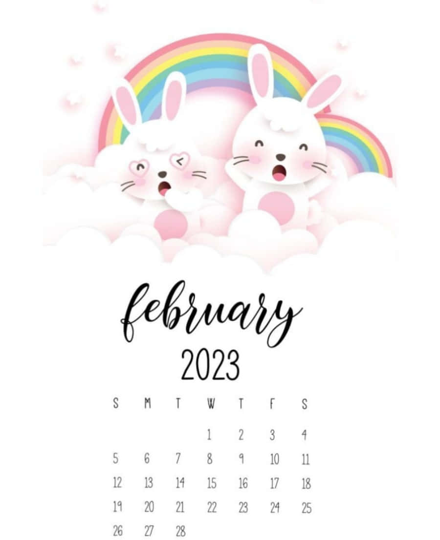 2023 February Calendar With Two Bunny Rabbits Background