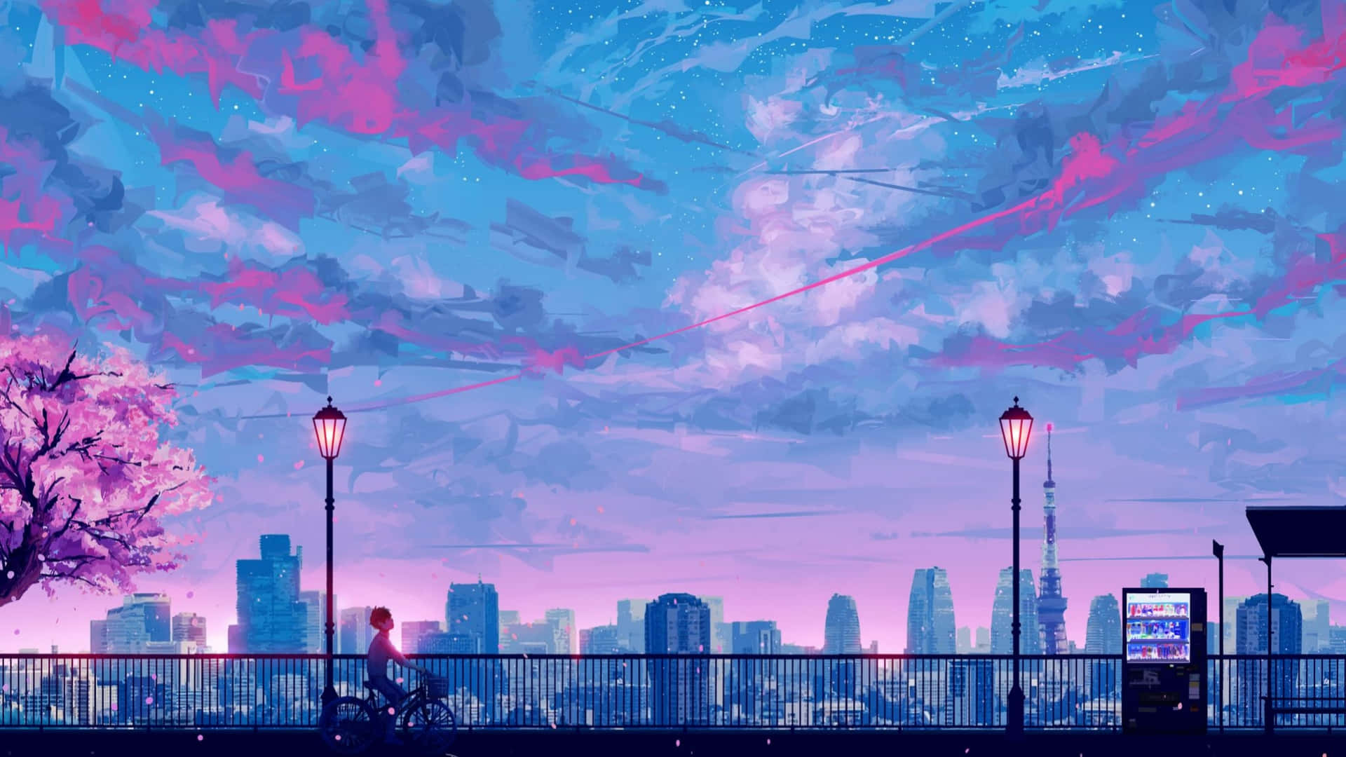 2048x1152 Aesthetic Blue And Pink Anime City Background