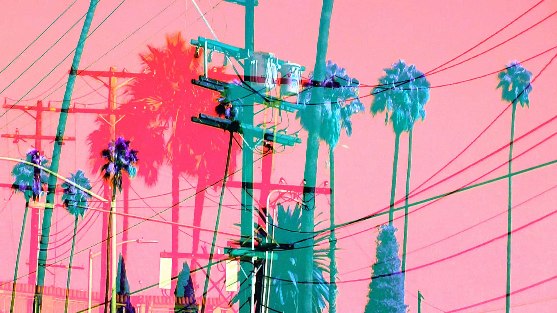 2048x1152 Aesthetic Glitch Pink Palm Trees Background