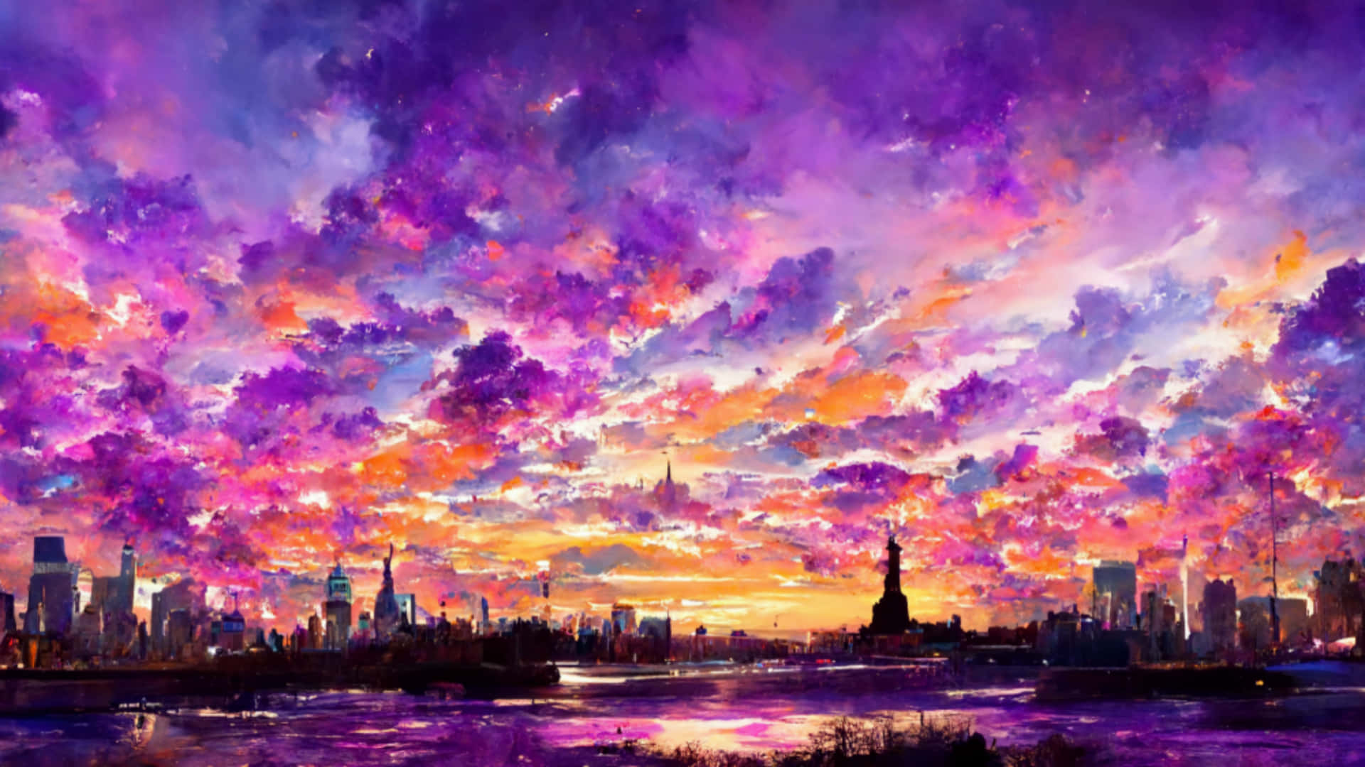 2048x1152 Aesthetic Pastel City Paintings Background