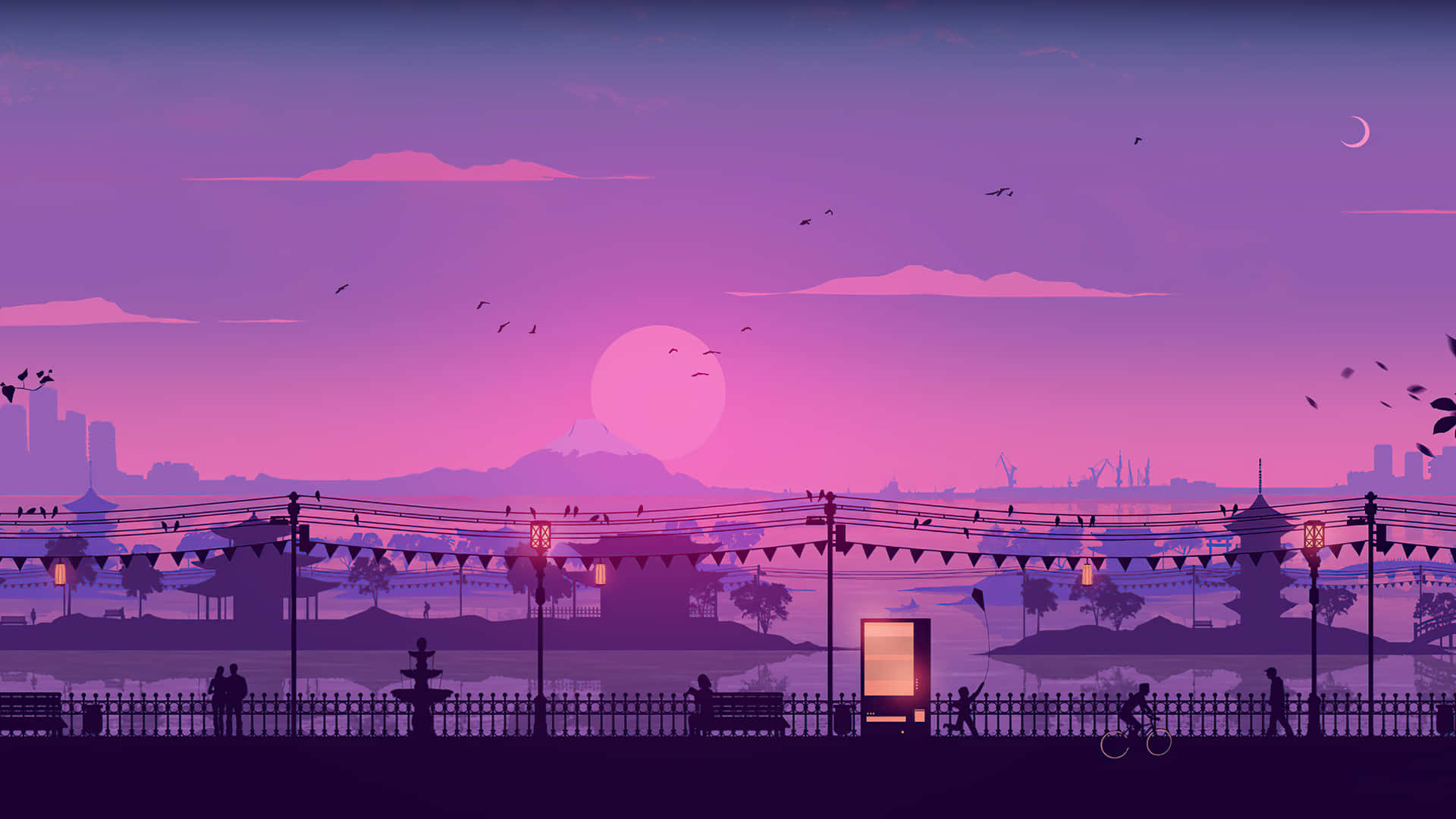 2048x1152 Aesthetic Purple Mount Fuji Silhouette