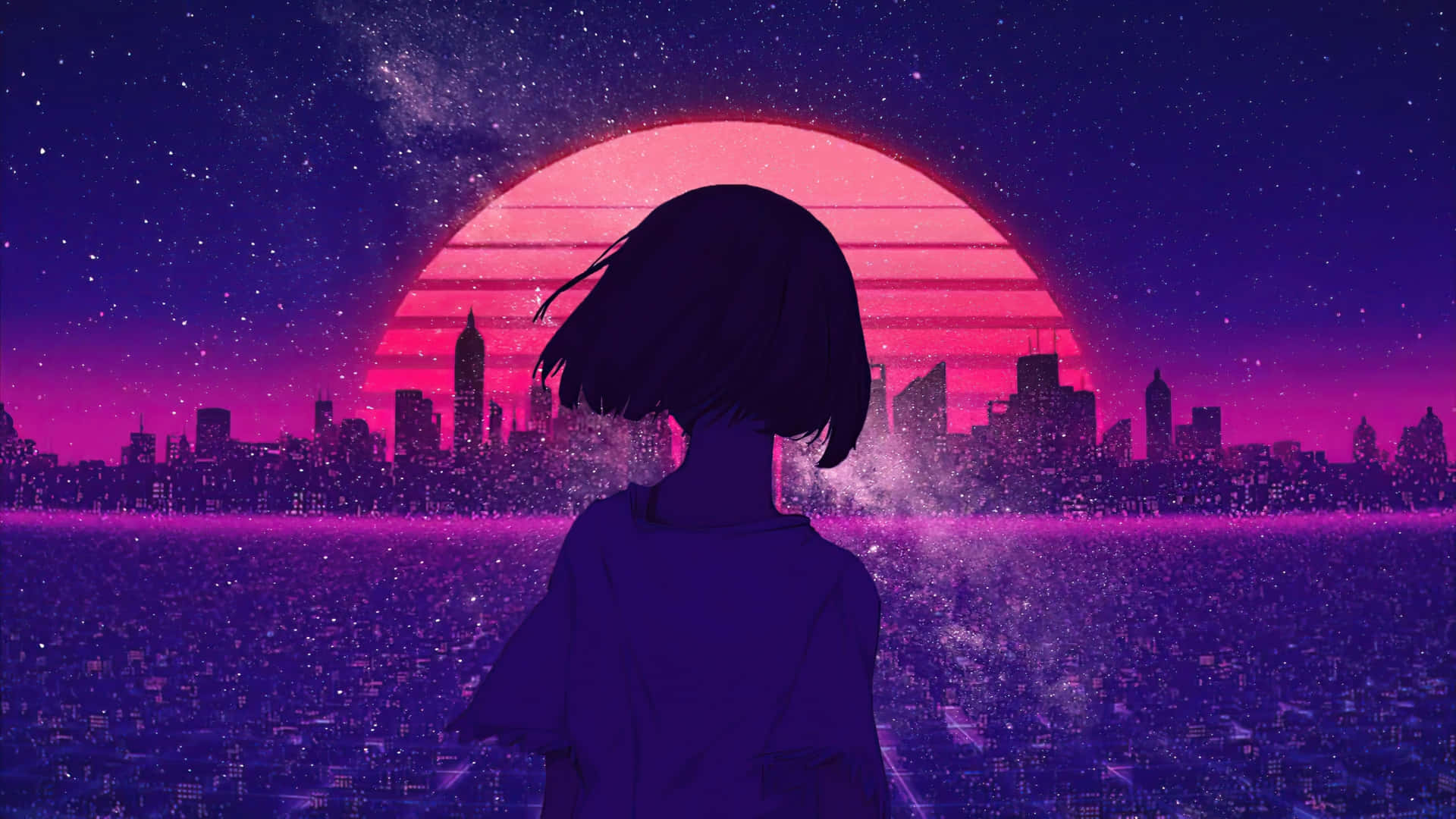 2048x1152 Aesthetic Retro Anime Girl Pink City Background