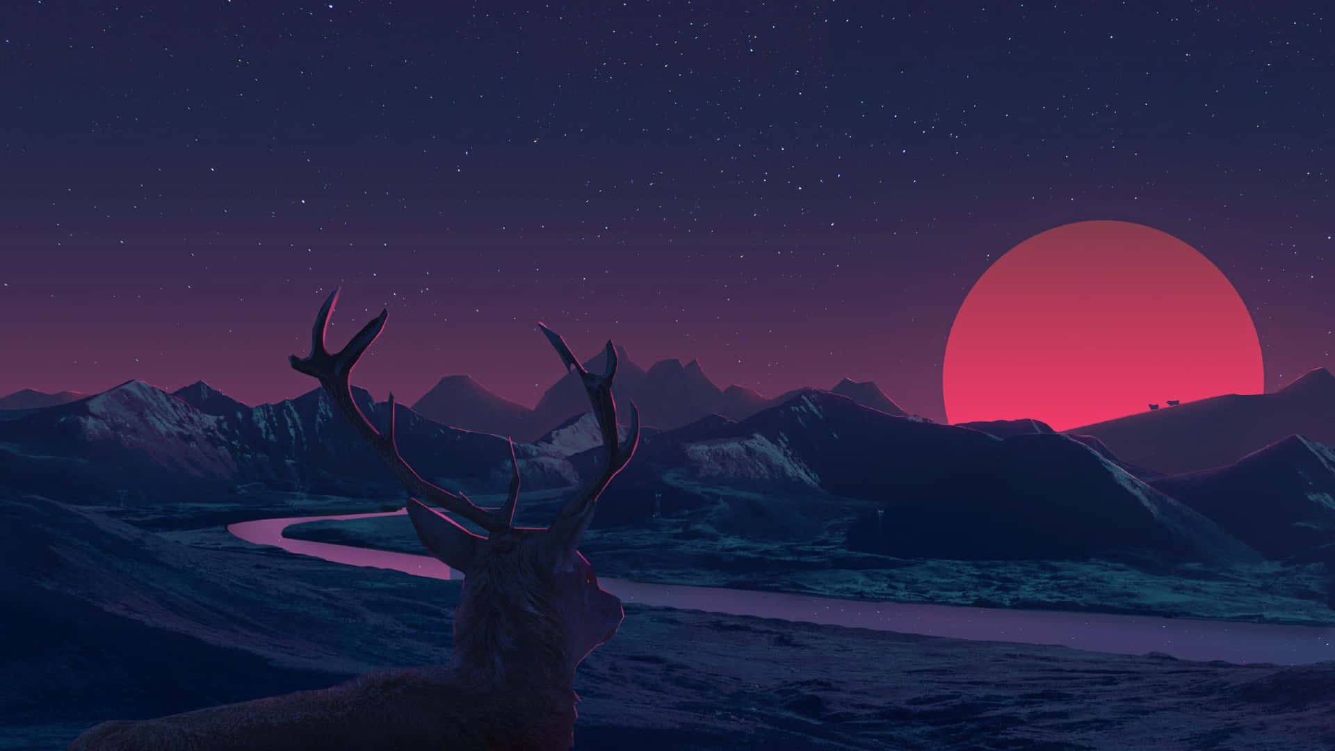 2048x1152 Aesthetic Retro Deer Mountain Sunset