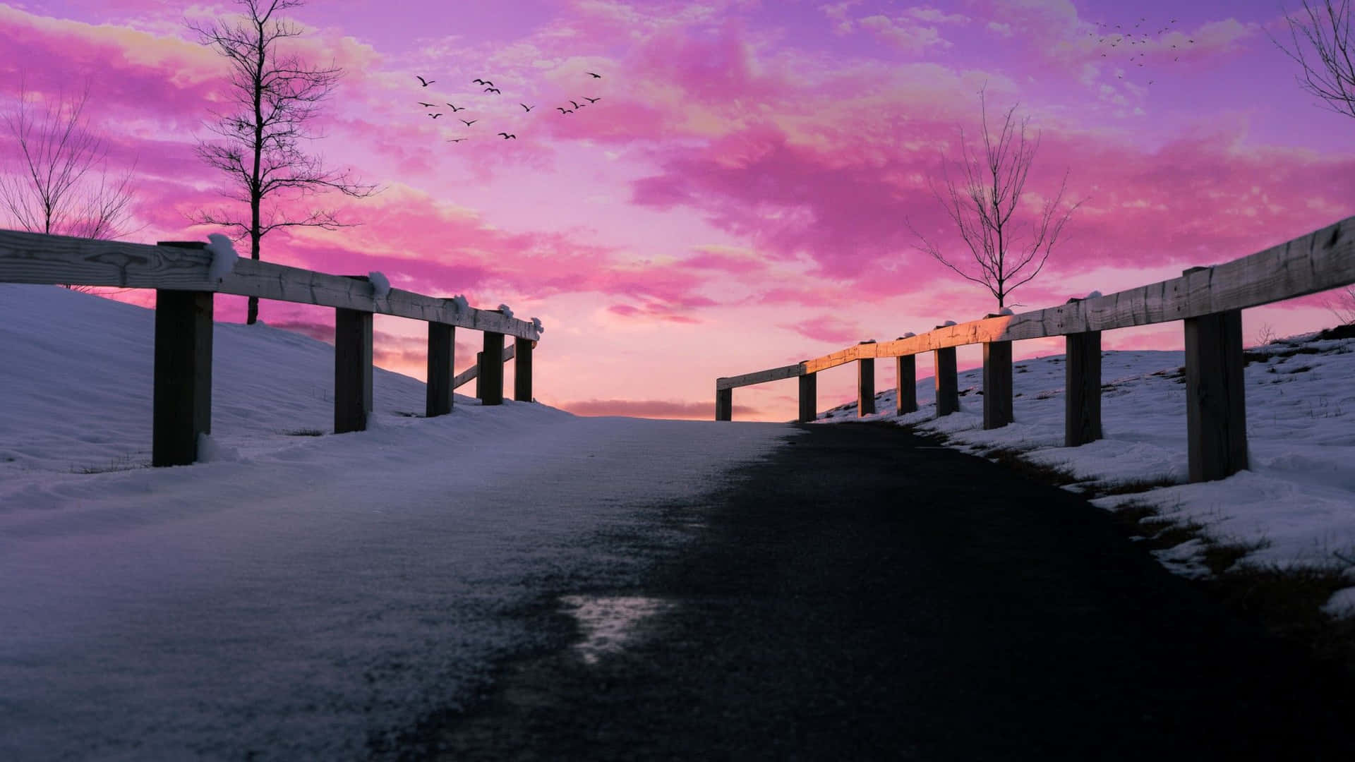 2048x1152 Aesthetic Snowy Road With Pink Sky