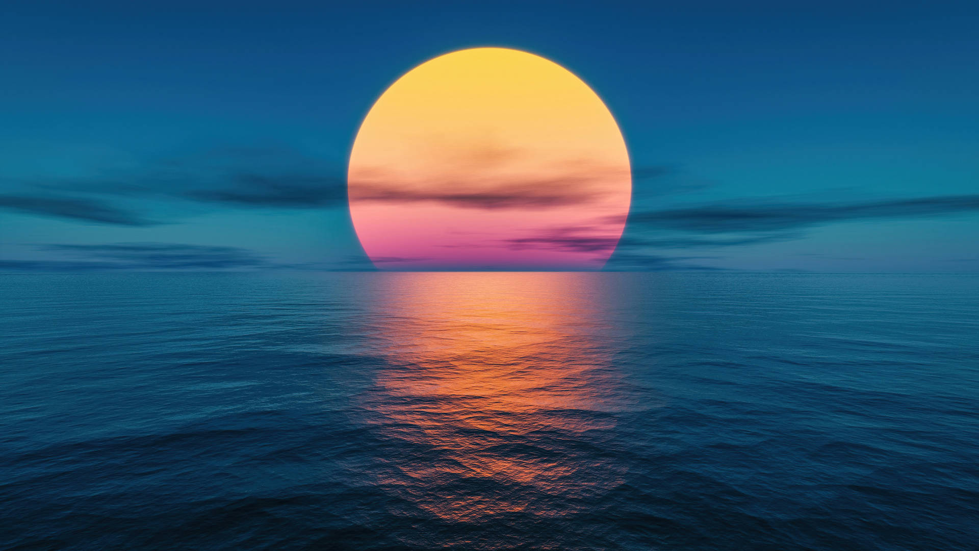 2560 X 1440 Orange Sun On Dark Blue Sea Water Background