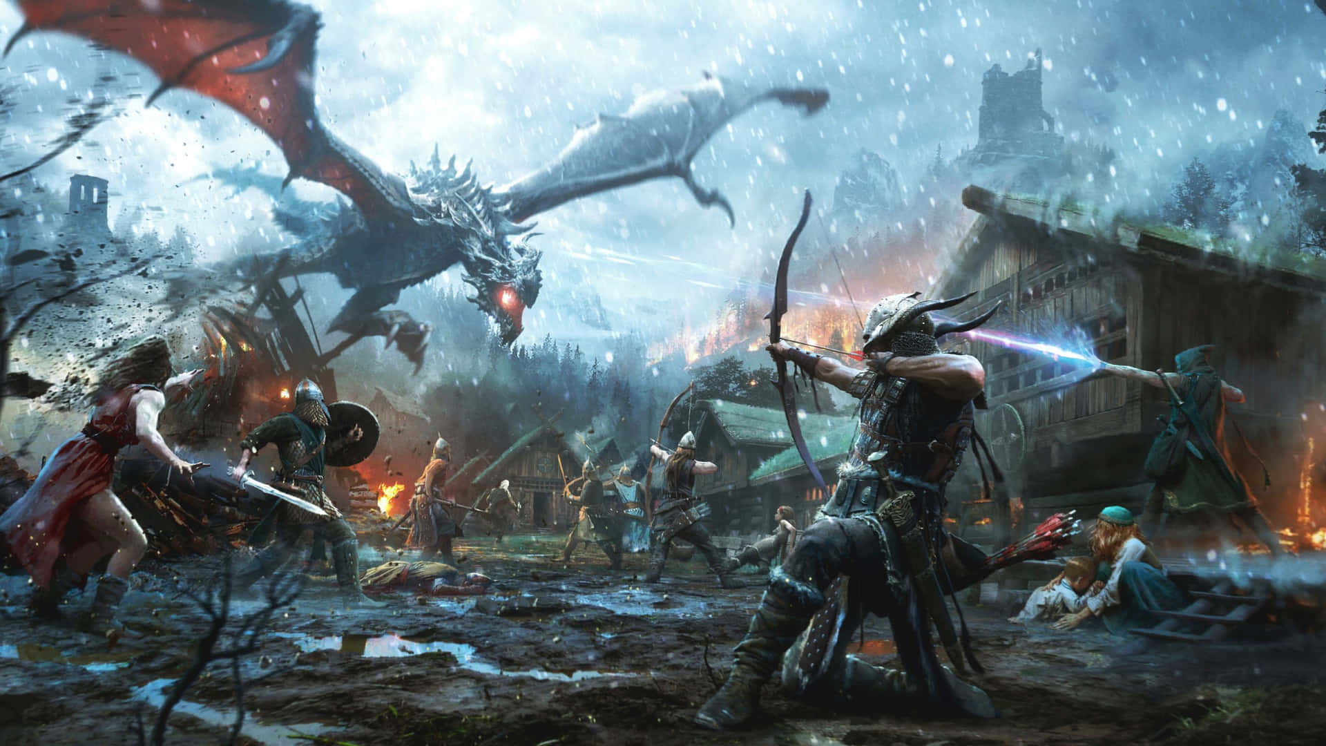 2560 X 1440 Skyrim Fighting The Dragon Background