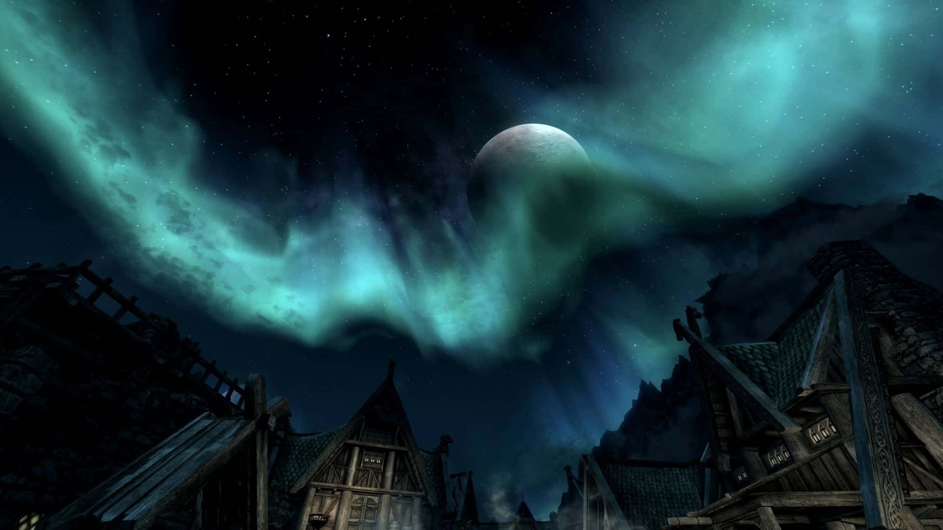 2560 X 1440 Skyrim Northern Lights In City Background