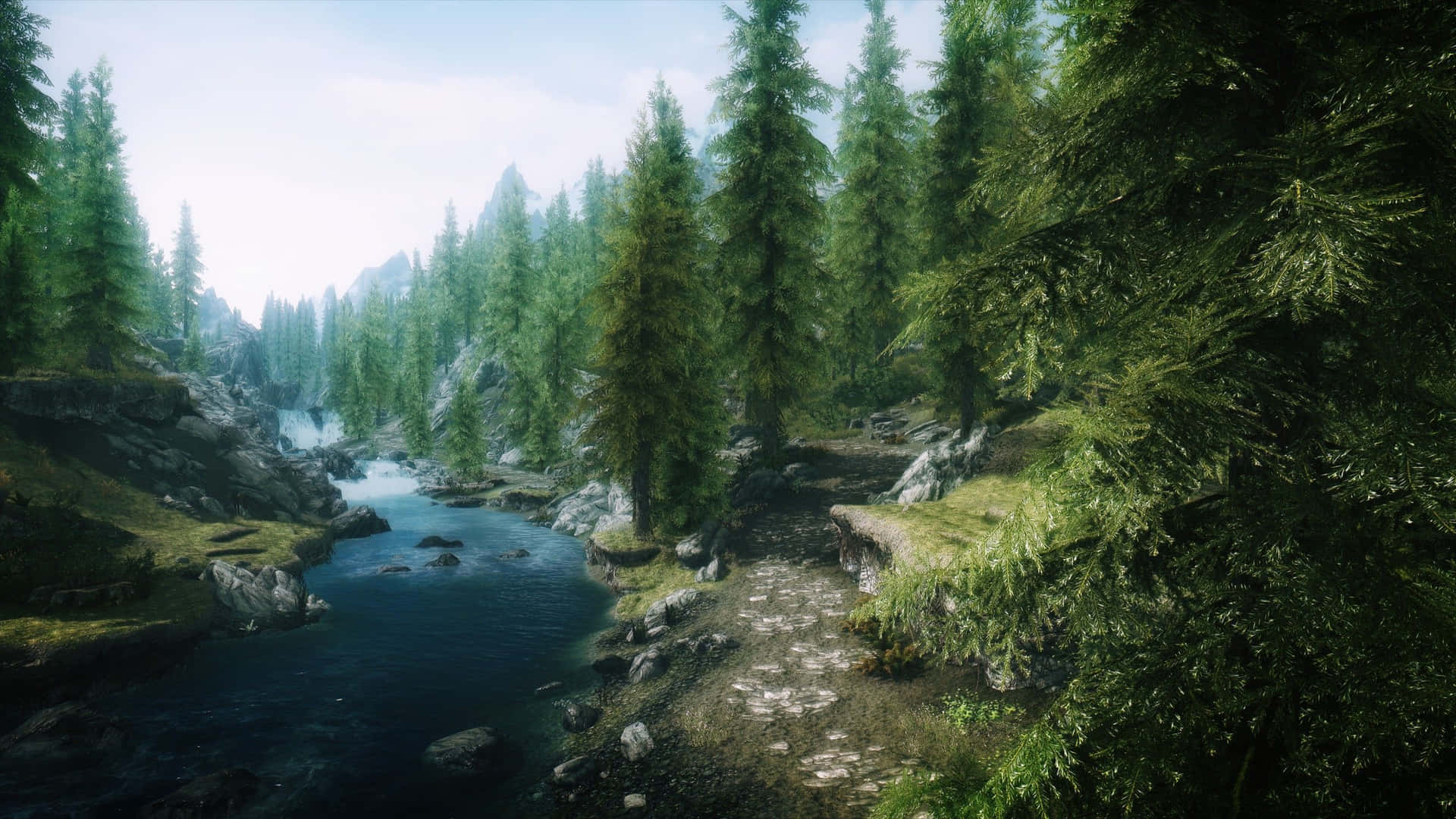2560 X 1440 Skyrim River And Forest Background