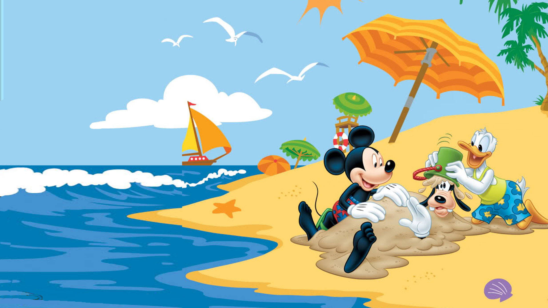 2560x1440 Disney Mickey, Goofy, Donald On Beach