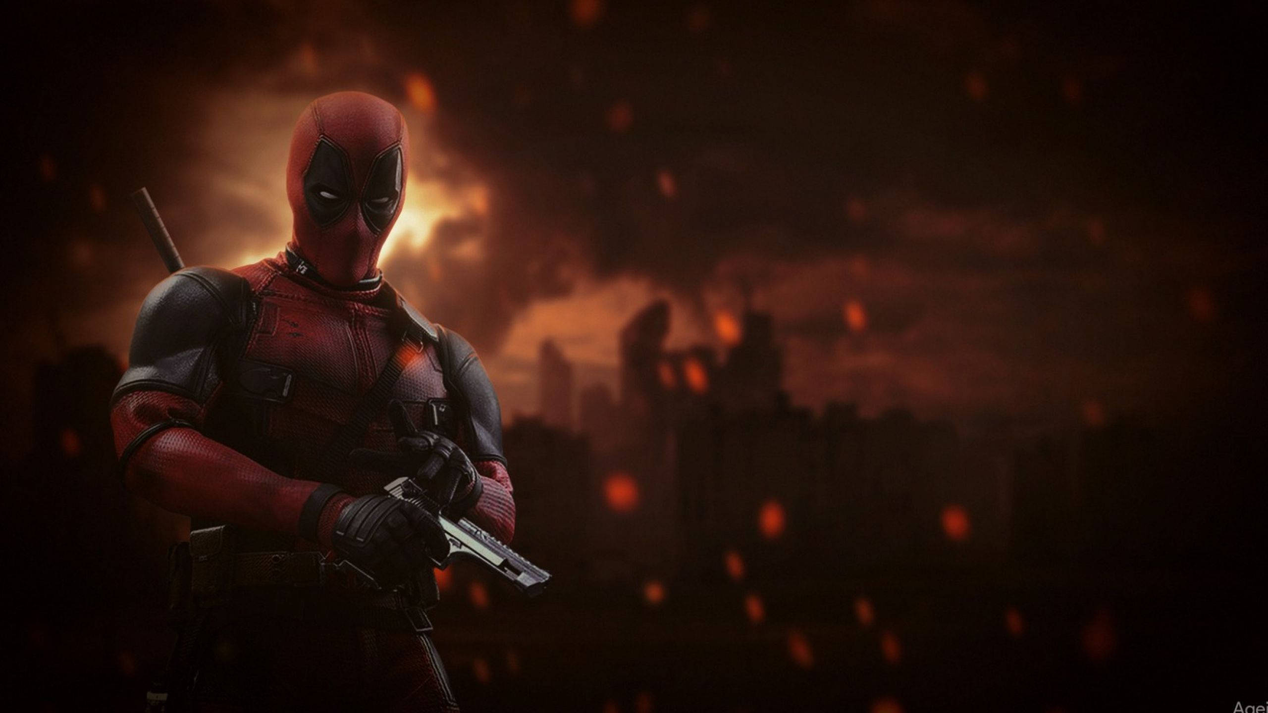 2560x1440 Marvel Deadpool Holding Gun Red Aesthetic Background