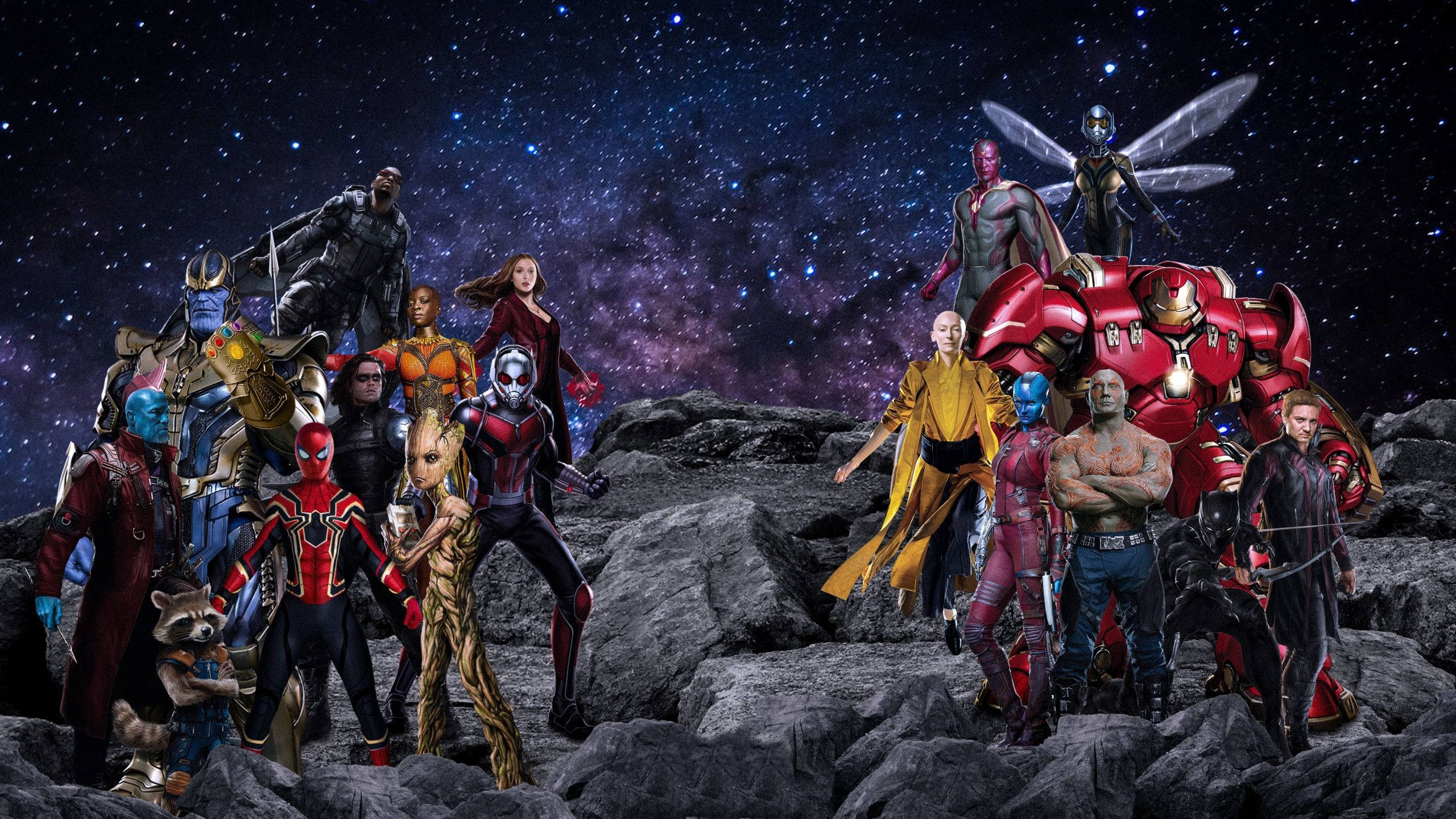 2560x1440 Marvel Heroes On Asteroid Background