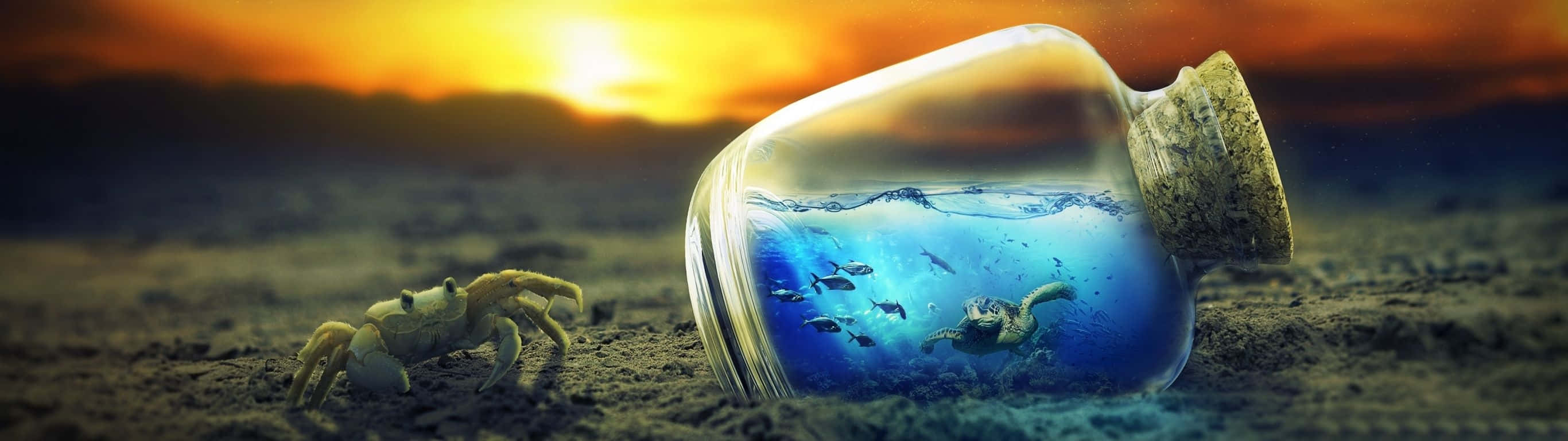 2732 X 768 Ocean In Bottle Sunset Background