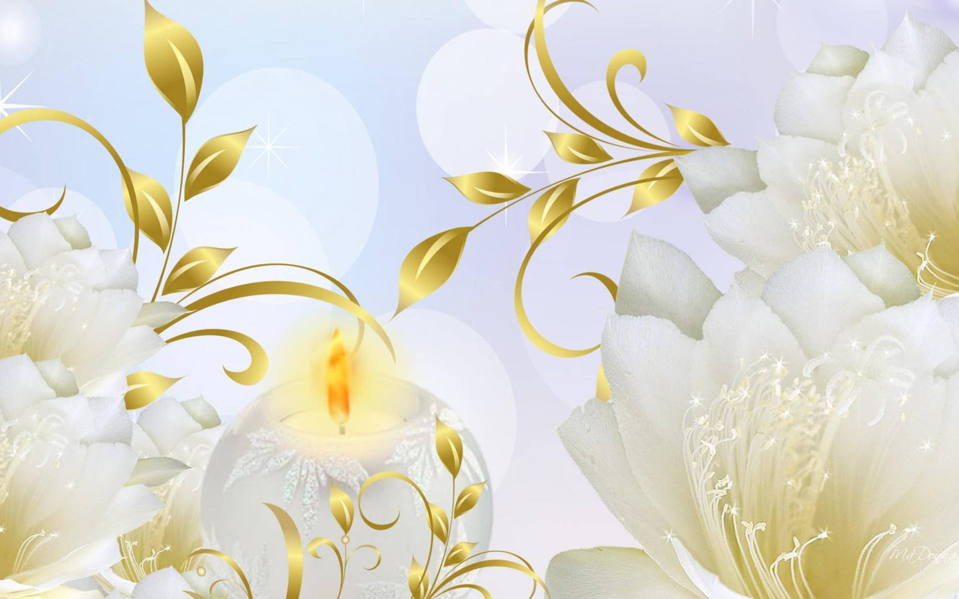 2k Sacred Flowers Gold Leaves Background