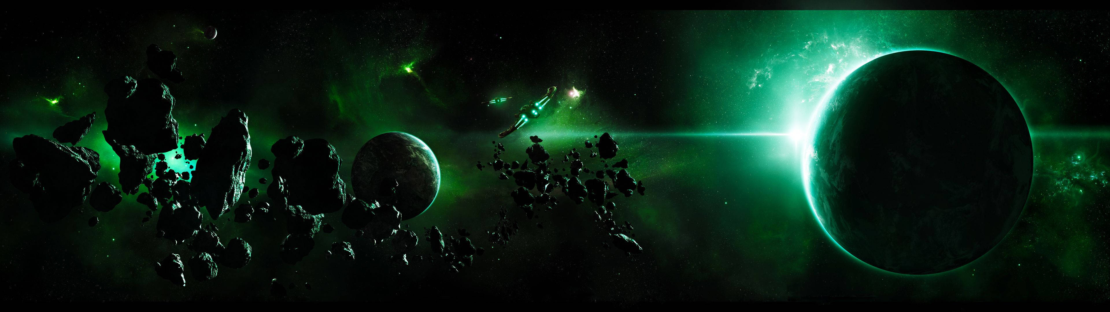 3 Monitor Green Planets Background