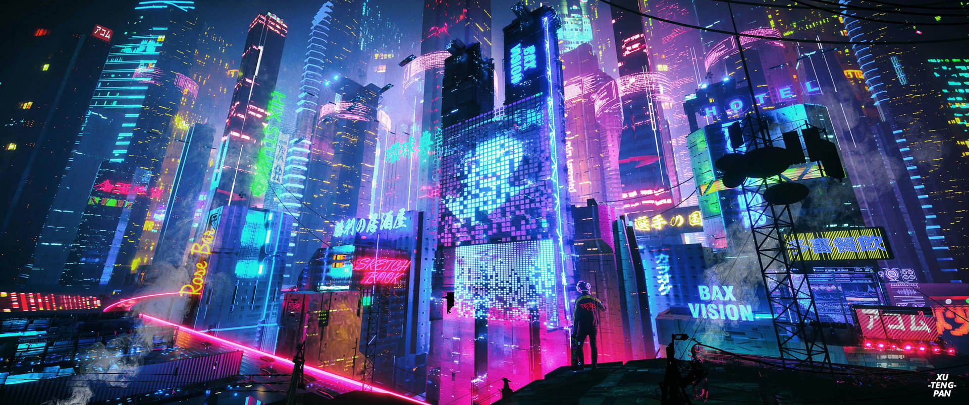 3440x1440 City Futuristic In Neon Lights Background
